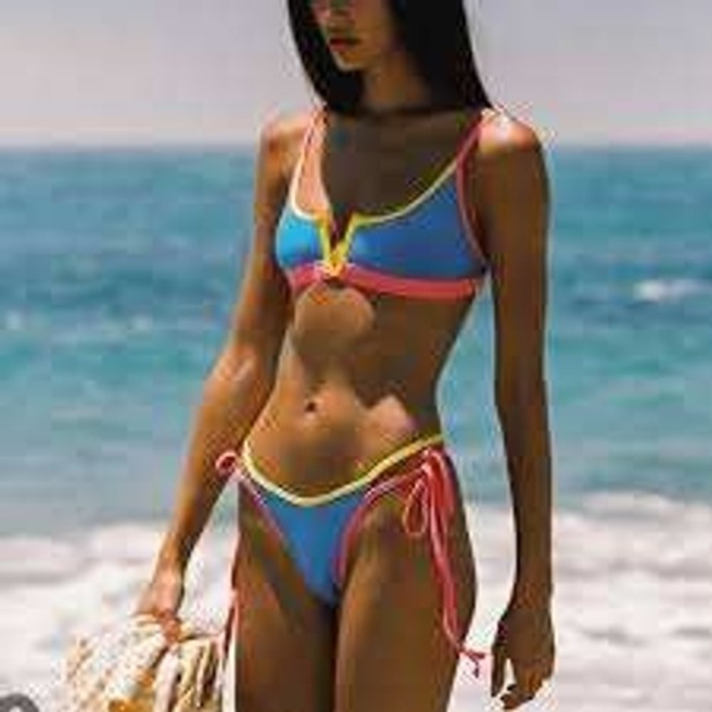 ONEONE Colorblock Bikini Set Blue Pink Yellow V-Neck Top S Side Tie Bottoms M